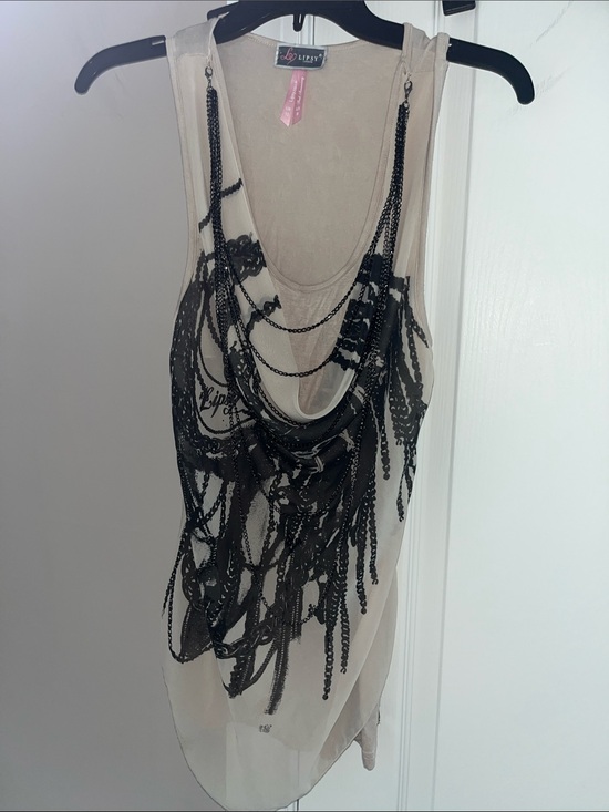 Lipsy Tops - Lipsy Beige Tank Top with Black Chain Fringe Overlay
